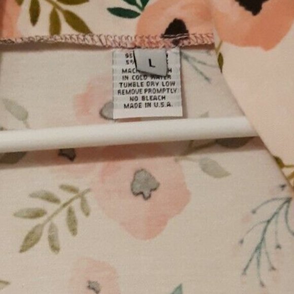 New Attached Shrug T-shirt Top L Peach Floral Green Leaves Short Cap Slv Blouse - Picture 5 of 8